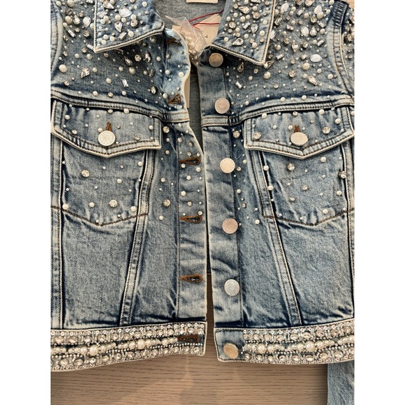 Alice + & Olivia Nelson Crystal Embellished Cropped Denim Jean Jacket Small Blue - Picture 7 of 11